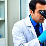 A professional Medical Laboratory Scientist, fully clothed in a clean, white lab coat and appropriate gloves, intently peering into a high-powered microscope. The scientist has a focused, concentrated expression. In the background, a modern, well-lit laboratory with blurred scientific equipment, test tubes, and analytical instruments is visible. The scene emphasizes precision and expertise. Perfect anatomy, correct proportions, natural pose, well-formed hands, proper finger count, natural body proportions. Professional photography, high detail, sharp focus, vibrant colors. Safe for work, appropriate content, fully clothed, modest, family-friendly.