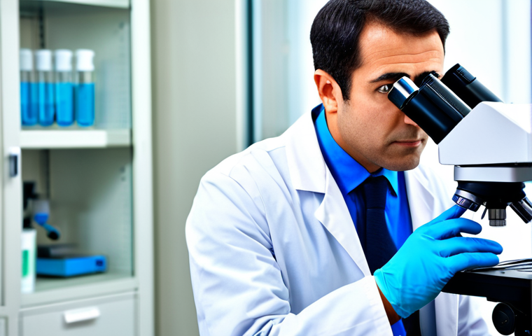 A professional Medical Laboratory Scientist, fully clothed in a clean, white lab coat and appropriate gloves, intently peering into a high-powered microscope. The scientist has a focused, concentrated expression. In the background, a modern, well-lit laboratory with blurred scientific equipment, test tubes, and analytical instruments is visible. The scene emphasizes precision and expertise. Perfect anatomy, correct proportions, natural pose, well-formed hands, proper finger count, natural body proportions. Professional photography, high detail, sharp focus, vibrant colors. Safe for work, appropriate content, fully clothed, modest, family-friendly.