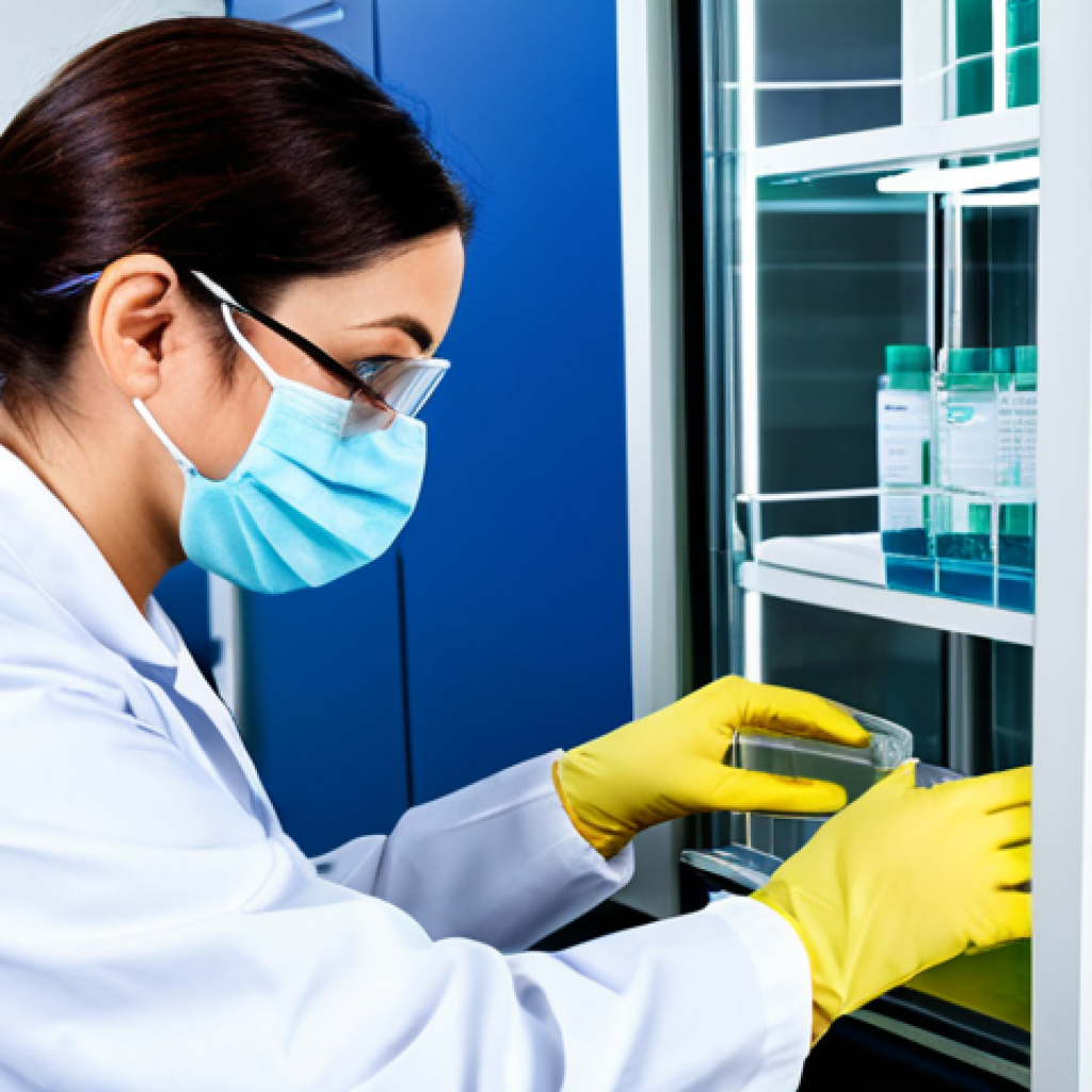 A focused medical laboratory professional, wearing a clean, white lab coat, professional scrub top, modest trousers, fully clothed, protective gloves, safety glasses, and a face mask. The setting is a modern, sterile medical diagnostic laboratory, with gleaming stainless steel equipment, a clear biosafety cabinet, and a neatly organized workstation. The professional is carefully handling a sample tube within the biosafety cabinet, demonstrating meticulous aseptic technique, with a serious and concentrated expression. Professional dress, appropriate attire, safe for work, appropriate content, fully clothed, modest, perfect anatomy, correct proportions, natural pose, well-formed hands, proper finger count, high quality studio photography, sharp focus, clean, bright lighting.