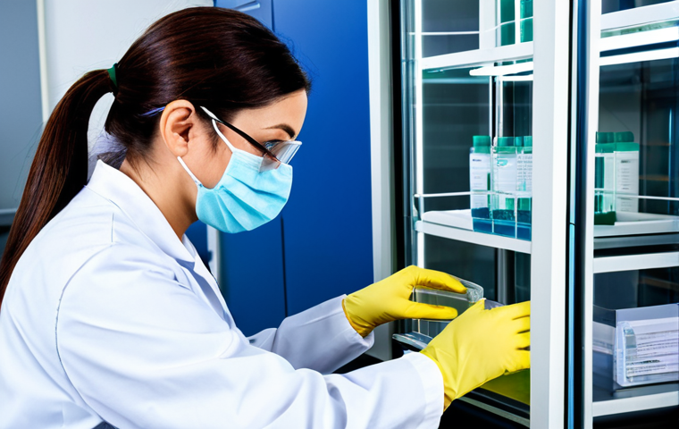 A focused medical laboratory professional, wearing a clean, white lab coat, professional scrub top, modest trousers, fully clothed, protective gloves, safety glasses, and a face mask. The setting is a modern, sterile medical diagnostic laboratory, with gleaming stainless steel equipment, a clear biosafety cabinet, and a neatly organized workstation. The professional is carefully handling a sample tube within the biosafety cabinet, demonstrating meticulous aseptic technique, with a serious and concentrated expression. Professional dress, appropriate attire, safe for work, appropriate content, fully clothed, modest, perfect anatomy, correct proportions, natural pose, well-formed hands, proper finger count, high quality studio photography, sharp focus, clean, bright lighting.