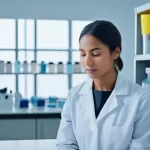 임상병리사 자기계발 도서 추천 - **Prompt:** A focused medical laboratory scientist, appearing calm and centered, takes a mindful mom...