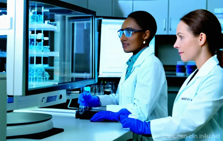 임상병리사 해외 자격증 취득법 - A determined female medical laboratory scientist, appearing to be in her late 20s to early 30s, is e...