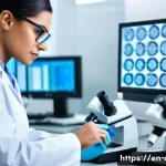 임상병리사 진로 멘토링 - A busy clinical pathology laboratory scene featuring diverse professionals collaborating intensely: ...