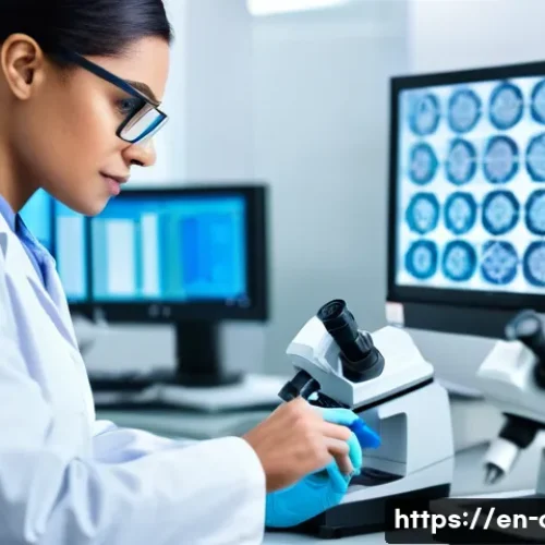 임상병리사 진로 멘토링 - A busy clinical pathology laboratory scene featuring diverse professionals collaborating intensely: ...