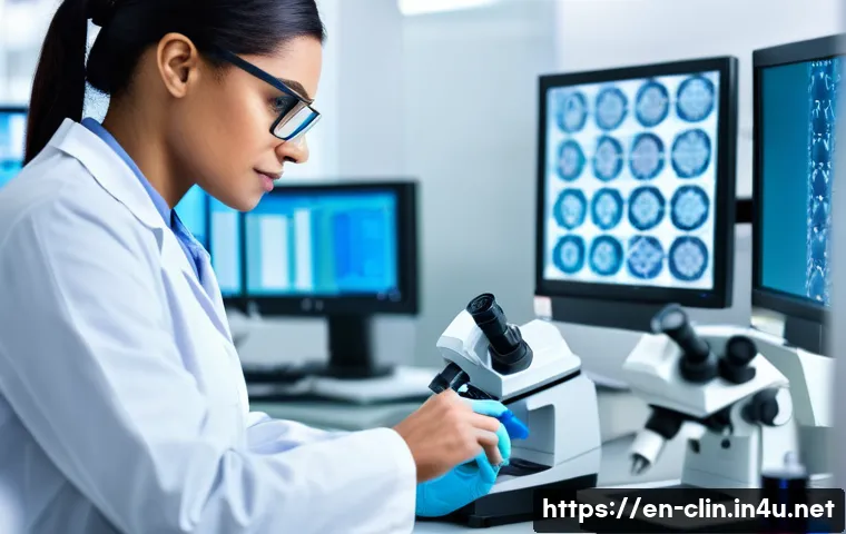 임상병리사 진로 멘토링 - A busy clinical pathology laboratory scene featuring diverse professionals collaborating intensely: ...