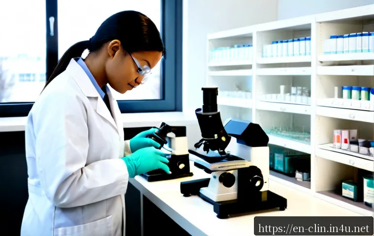임상병리사와 병리학의 관계 - Photorealistic clinical laboratory scene showing a certified medical laboratory scientist in a clean...